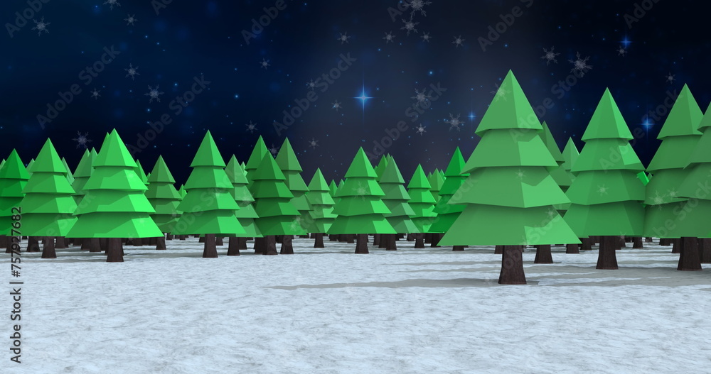 Fototapeta premium Snow falling over multiple trees on winter landscape against blue shining stars in night sky