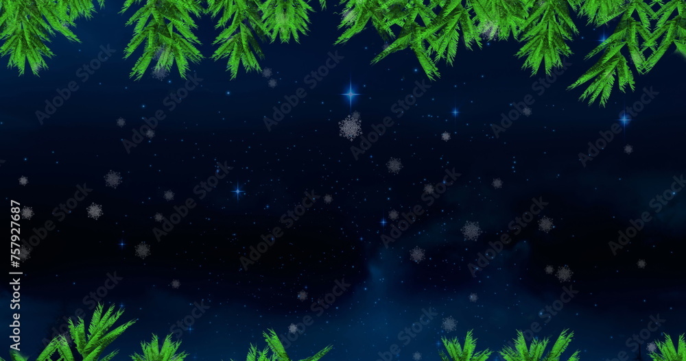 Naklejka premium Green tree branches and snow falling against blue shining stars in night sky