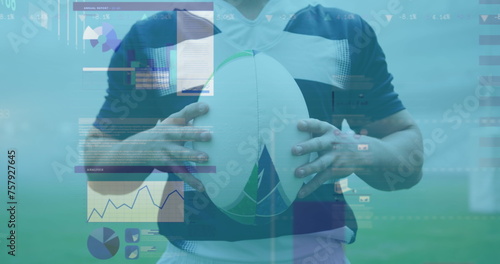 Image of statistics and data processing over caucasian rugby player holding ball