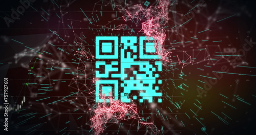 Image of a blue QR code with webs of connection over a blue graph appearing on red background