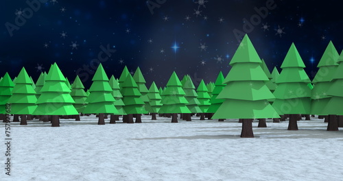 Snow falling over multiple trees on winter landscape against blue shining stars in night sky