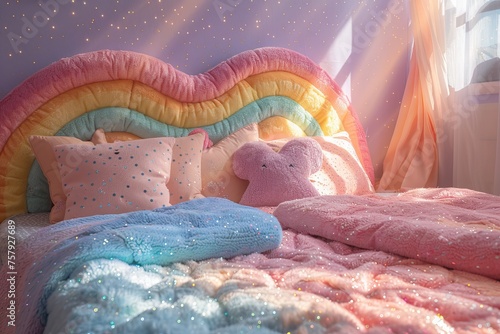 A bed with a rainbow headboard and pillows photo