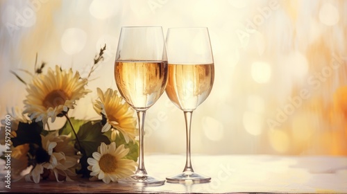 Romantic table decor for a couple in love with a bouquet of beautiful flowers. Two glasses of wine, flowers on a wooden table.