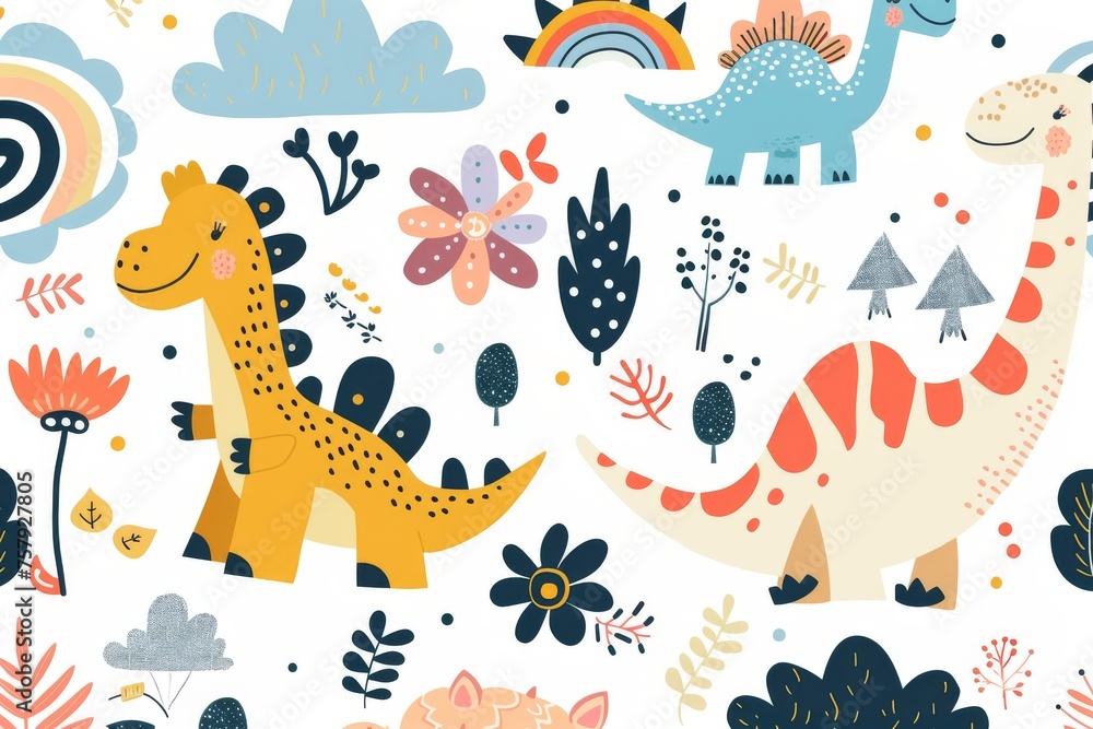 Obraz premium Colorful cartoon dinosaurs in a whimsical landscape. This vibrant image showcases playful cartoon dinosaurs in a variety of colors, surrounded by whimsical flora and other cute elements