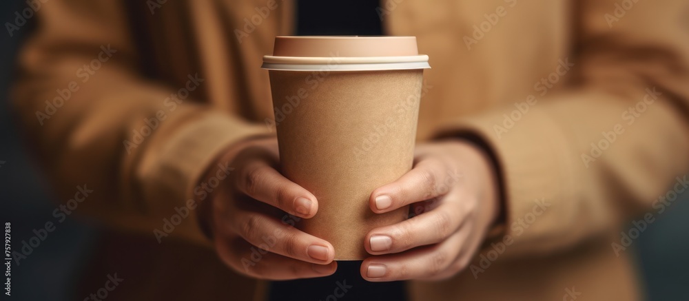 woman's hand holding a cup of chocolate coffee woman's hand holding a cup of chocolate coffee