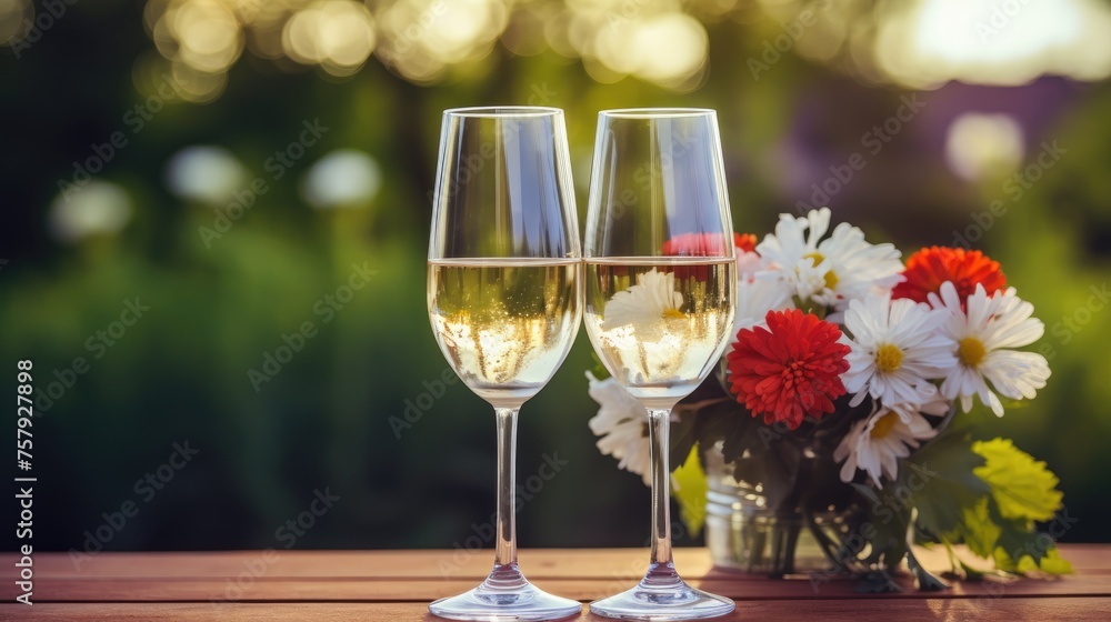 Romantic table decor for a couple in love with a bouquet of beautiful flowers. Two glasses of wine, flowers on a wooden table. Romantic table decor for a couple in love with a bouquet of beautiful flowers. Two glasses of wine, flowers on a wooden table.