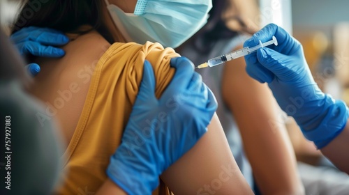 a woman in yellow clothes gets a shot in the arm. photo