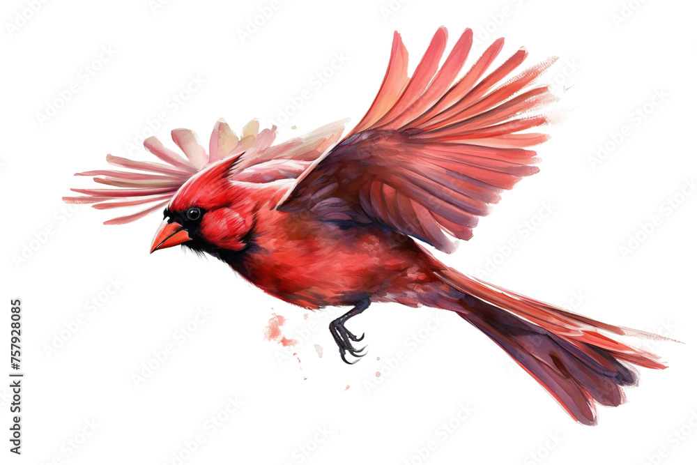 Flying Background White Northern Cardinal Male watercolor painting