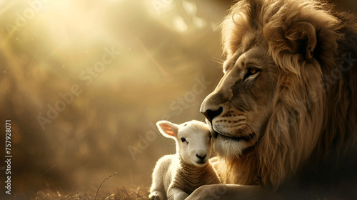 Symbols of Judaism include a lion and a lamb depicted against a golden backdrop photo
