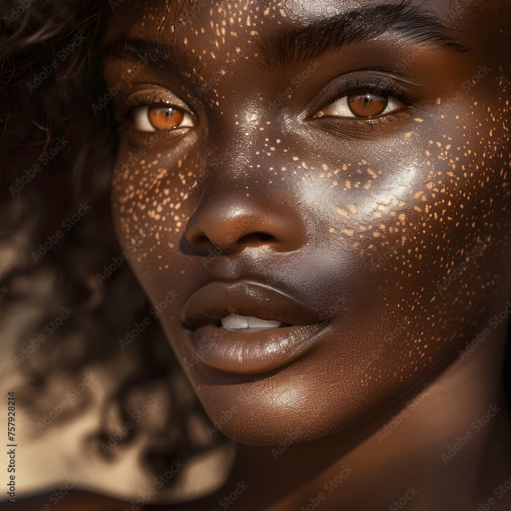 Fototapeta premium Close-Up of a Beautiful Suntanned Black Woman's Face generative ai
