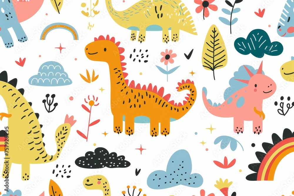 Naklejka premium Colorful cartoon dinosaurs in a whimsical landscape. This vibrant image showcases playful cartoon dinosaurs in a variety of colors, surrounded by whimsical flora and other cute elements
