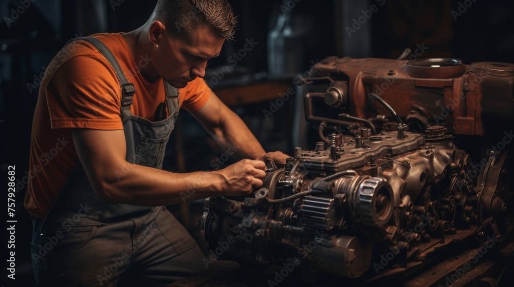 Experienced mechanic inspecting engine oil level in a vehicle for routine maintenance Experienced mechanic inspecting engine oil level in a vehicle for routine maintenance
