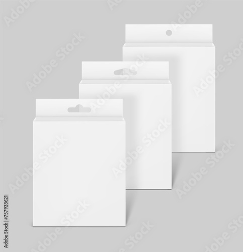 Hanging packaging box with hang slot mockup for electronic and mobile accessories. Front views. Vector illustration isolated on grey background. Ready and simple to use for your design. EPS10.