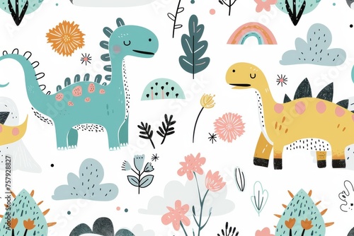 Colorful cartoon dinosaurs in a whimsical landscape. This vibrant image showcases playful cartoon dinosaurs in a variety of colors, surrounded by whimsical flora and other cute elements