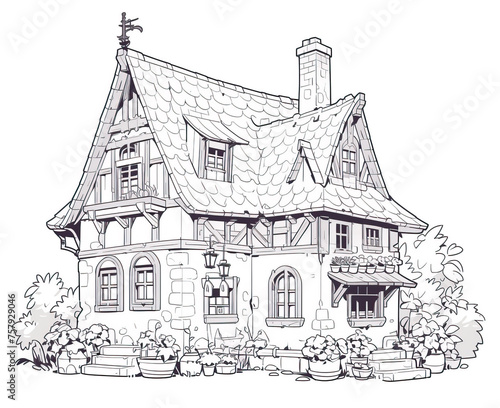 Black and white illustration for coloring house  building.