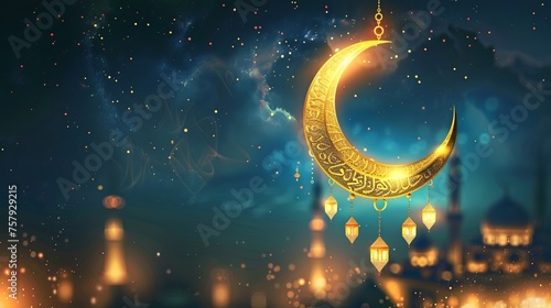 Islamic kareem card background with crescent moon during Ramadan