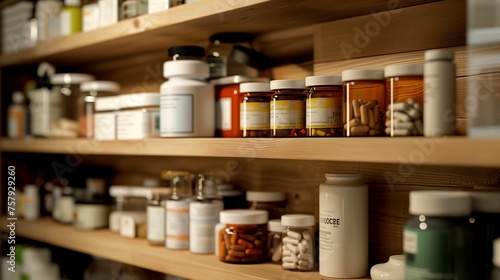 a shelf with different packages of medicines