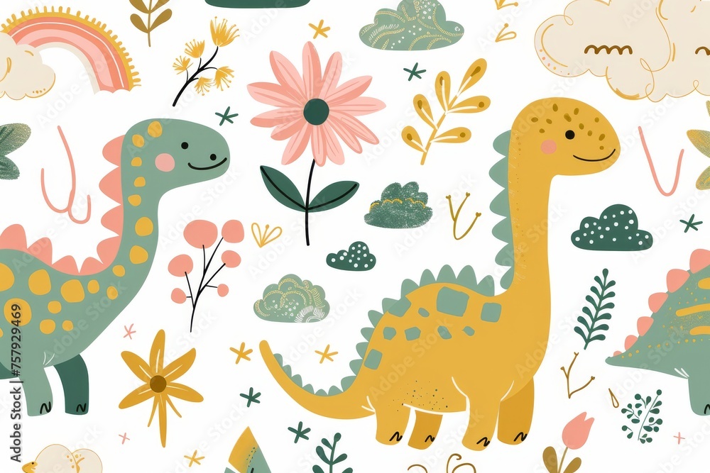 Obraz premium Colorful cartoon dinosaurs in a whimsical landscape. This vibrant image showcases playful cartoon dinosaurs in a variety of colors, surrounded by whimsical flora and other cute elements