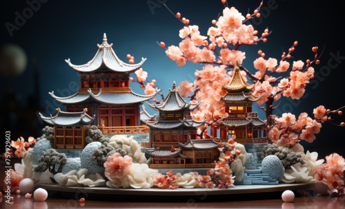 Exquisite traditional Chinese architectural model surrounded by blooming flowers