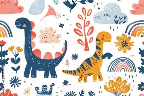 Colorful cartoon dinosaurs in a whimsical landscape. This vibrant image showcases playful cartoon dinosaurs in a variety of colors, surrounded by whimsical flora and other cute elements
