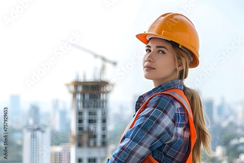 A Woman in Construction Hard Hat and Skyline View, To highlight the role of women in construction and the beauty of the industry through a striking