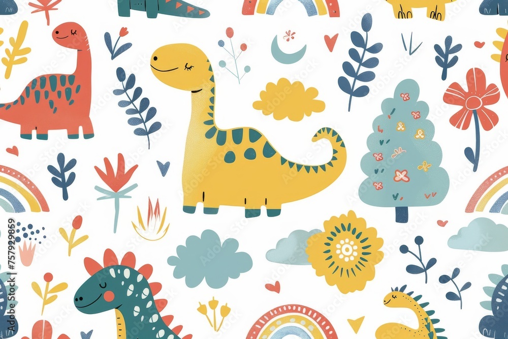 Naklejka premium Colorful cartoon dinosaurs in a whimsical landscape. This vibrant image showcases playful cartoon dinosaurs in a variety of colors, surrounded by whimsical flora and other cute elements