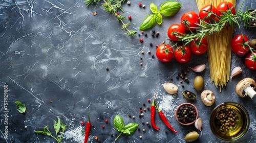 Vine tomatoes, basil, pasta, mushrooms, olives, parmesan, olive oil, garlic, peppercorns, rosemary, parsley, and thyme are some of the ingredients in Italian cuisine. slate background.