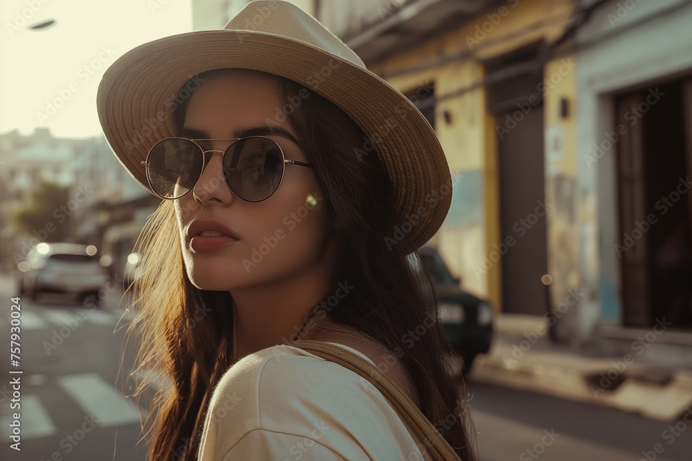 Young beautiful pretty and attractive woman wearing a hat and sunglasses on a city street, Closeup portrait of woman Young beautiful pretty and attractive woman wearing a hat and sunglasses on a city street, Closeup portrait of woman