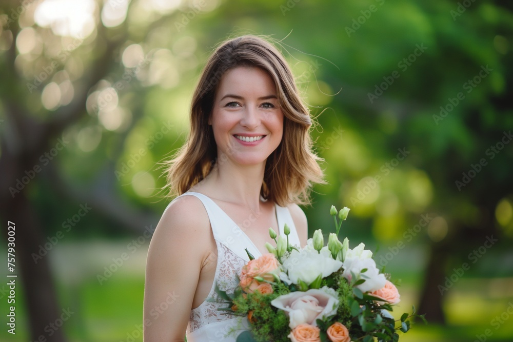 Woman holding a bouquet of flowers in a park Woman holding a bouquet of flowers in a park