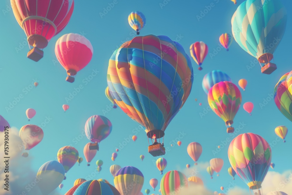 Uplifting 3D animation of vibrant hot air balloons rising in a clear