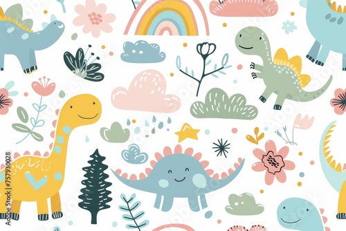 Colorful cartoon dinosaurs in a whimsical landscape. This vibrant image showcases playful cartoon dinosaurs in a variety of colors  surrounded by whimsical flora and other cute elements