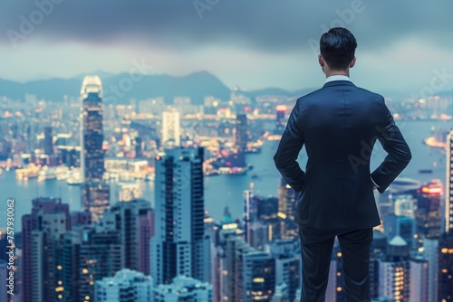 Man in a suit standing in front of a city skyline, Modern city skyline