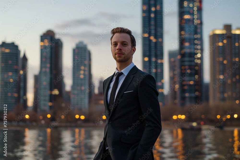 Man in a suit standing in front of a city skyline, Modern city skyline