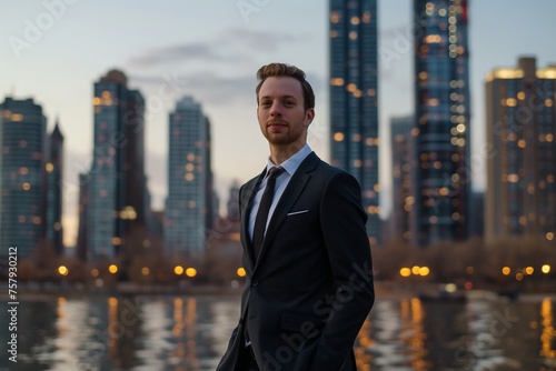 Man in a suit standing in front of a city skyline, Modern city skyline