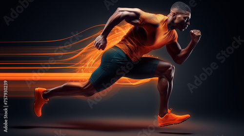Dynamic Dash: sporty man's explosive run creates orange wake, symbolizing peak performance