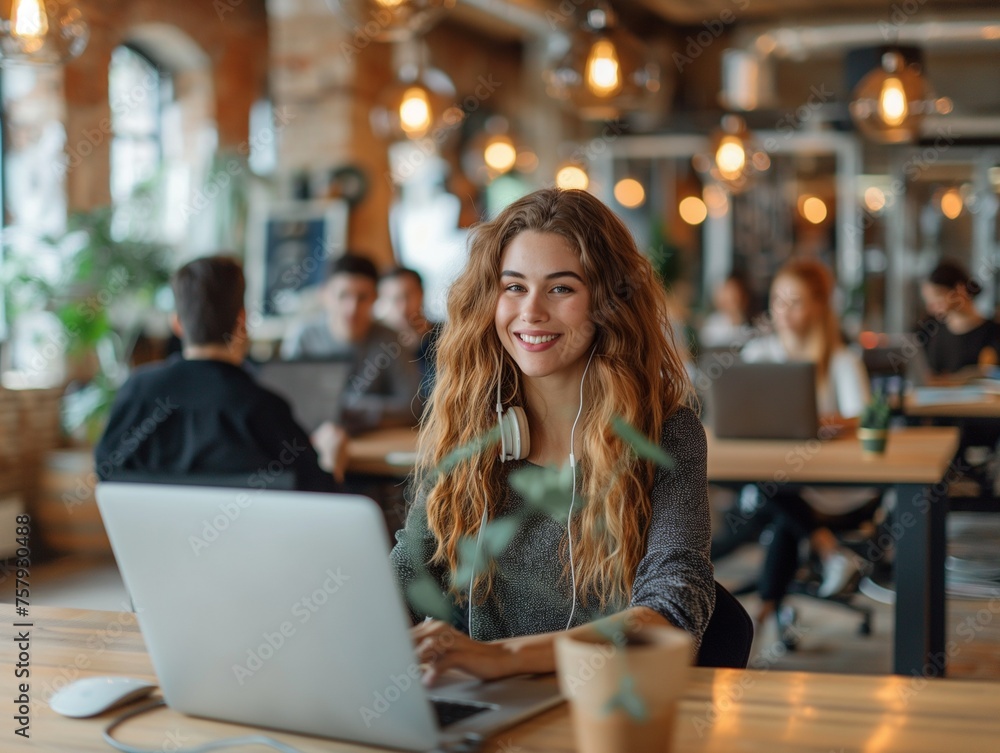 Business people in headsets are using computers and smiling while working