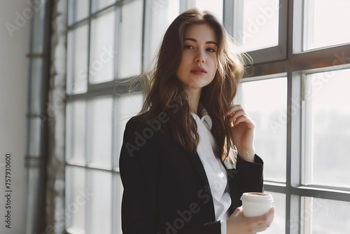 Woman in a business suit holding a cup of coffee in a office