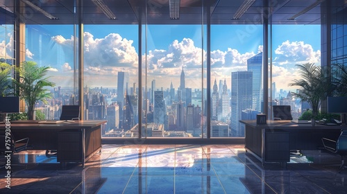 Elegant cityscape  modern office  room win. Generative Ai