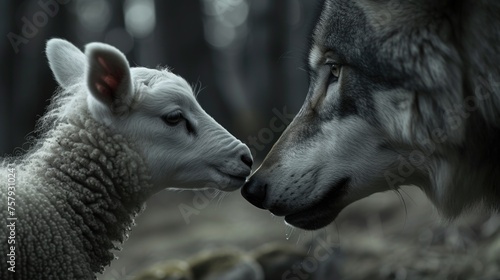 A wolf and a lamb standing side by side in close proximity to each other. photo