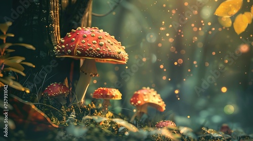 Magic mushrooms in the middle of the forest with sunlight illuminating them. Fantasy enchanted fairy tale concept of magic mushrooms