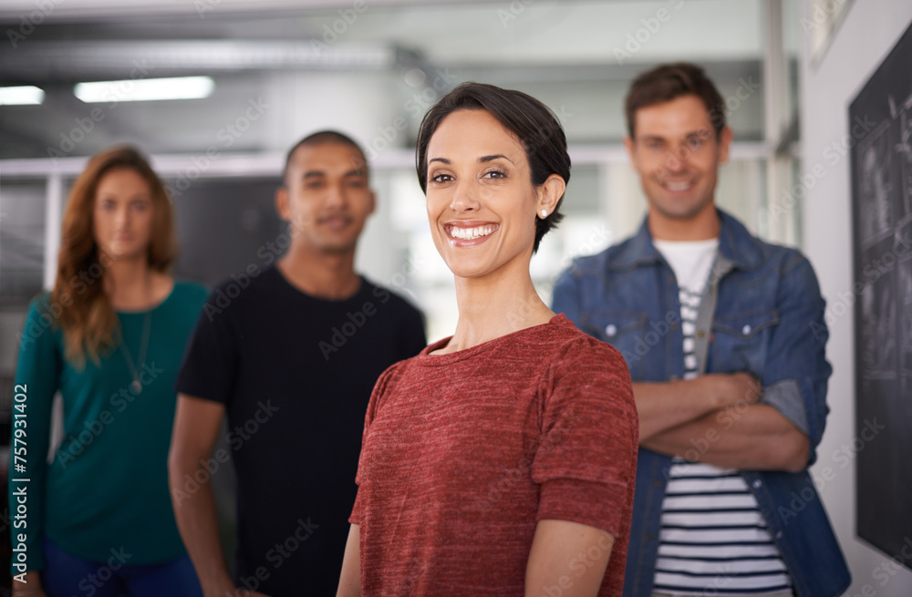 Businesswoman, happy and work portrait with team, creative and professional career. Leadership, female person smile and confident with diversity coworkers in collaboration and standing together