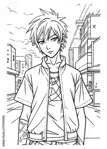 Portrait of a guy with blond hair in youth clothes surrounded by towns houses on a city street, in anime style. Printable coloring book page, antistress for children and adults.