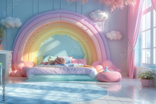 A colorful rainbow themed bedroom with a pink bed and a pink comforter © itchaznong