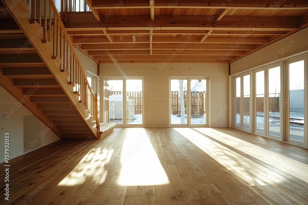 A large open room with wooden floors and a lot of windows
