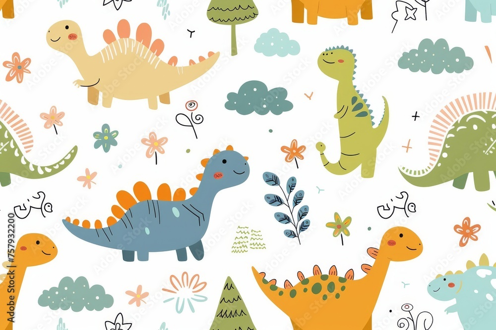 Naklejka premium Colorful cartoon dinosaurs in a whimsical landscape. This vibrant image showcases playful cartoon dinosaurs in a variety of colors, surrounded by whimsical flora and other cute elements
