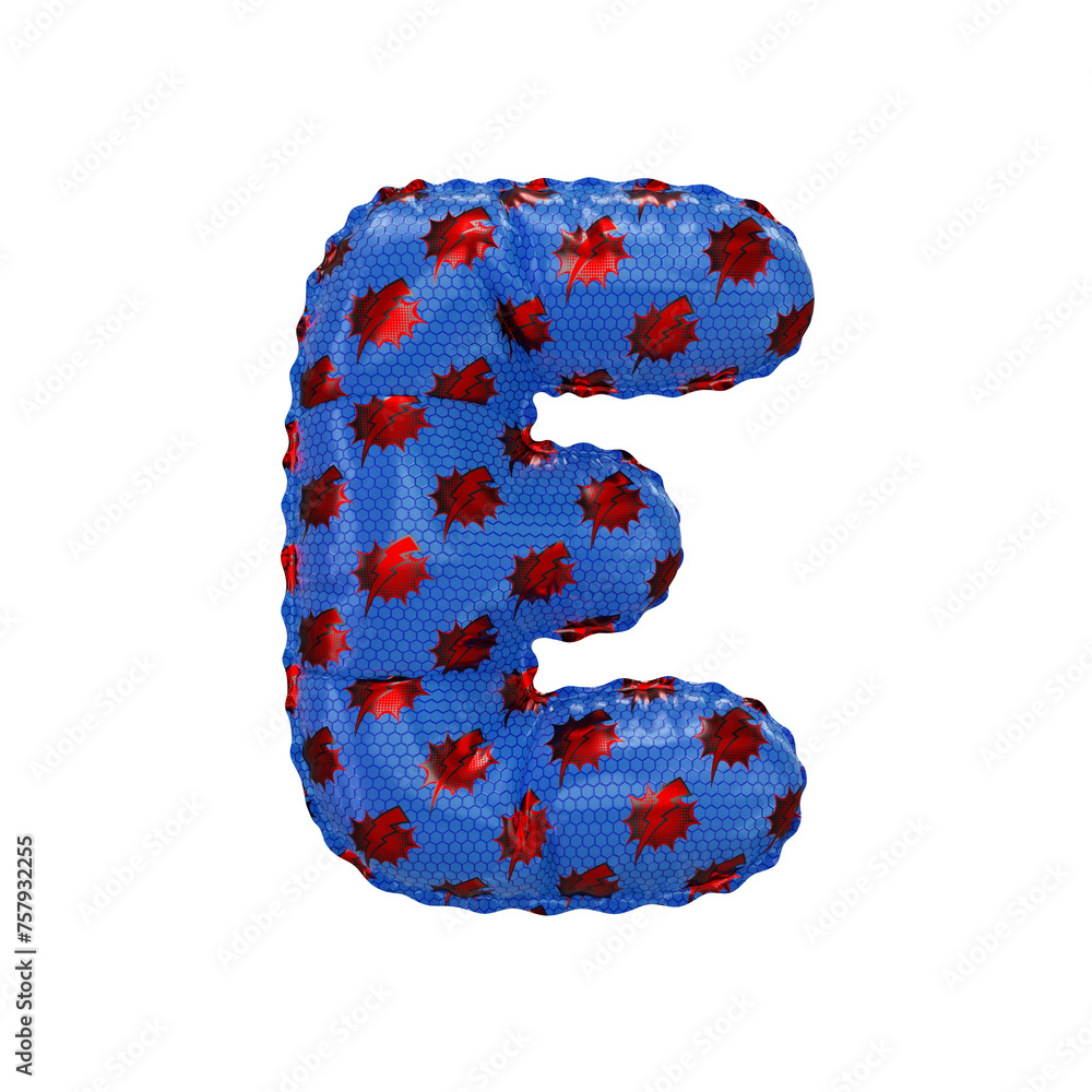 3D inflated balloon letter E with red & blue power lightning comic hero pattern hexagon surface 3D inflated balloon letter E with red & blue power lightning comic hero pattern hexagon surface