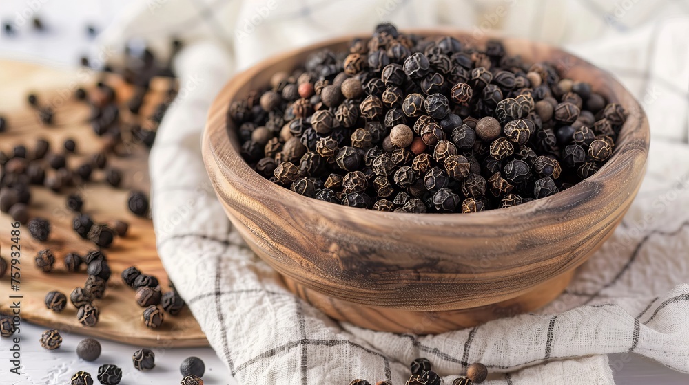 A wooden bowl filled to the brim with black peppercorns was covered in white fabric. A wooden bowl filled to the brim with black peppercorns was covered in white fabric.