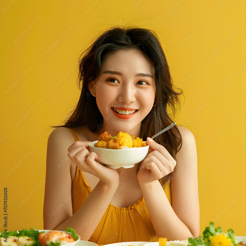 Chinese Woman Happily Enjoying Healthy Food in Warm Yellow Tones generative ai Chinese Woman Happily Enjoying Healthy Food in Warm Yellow Tones generative ai