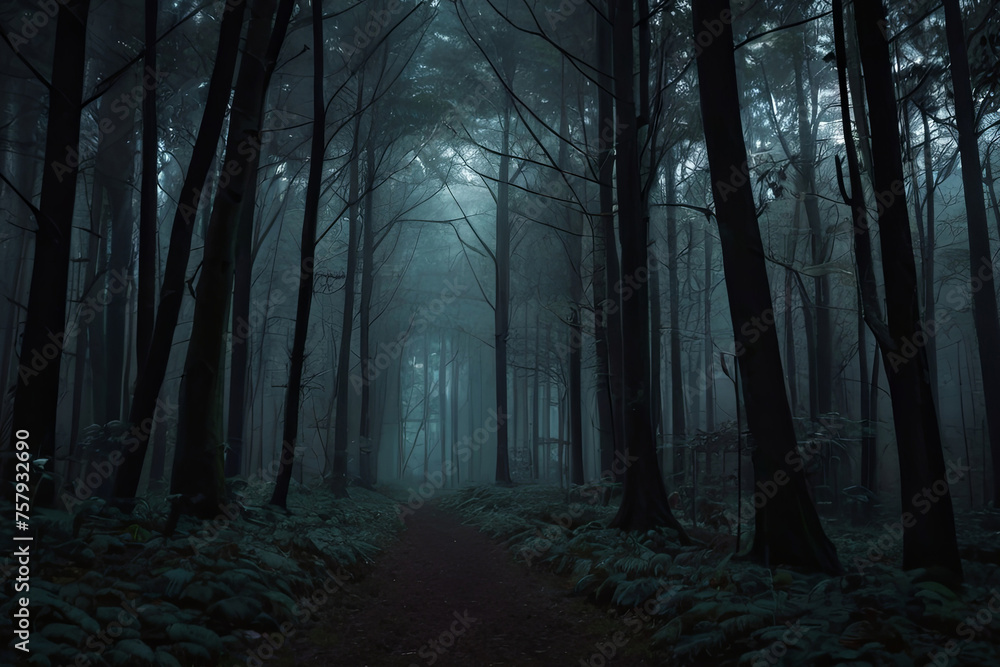 Obraz premium Mystical magic exotic forest with shiny neon illumination. Surreal and enchanting artwork