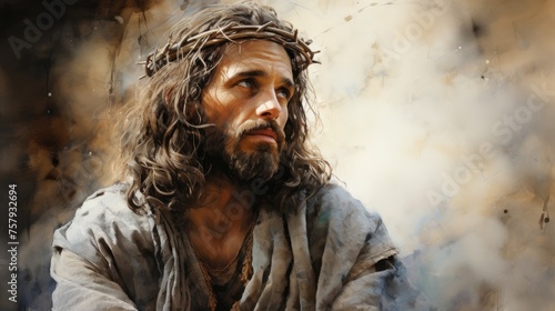 Jesus painting in watercolor with a crown of thorns. Watercolor illustration. Generative Ai